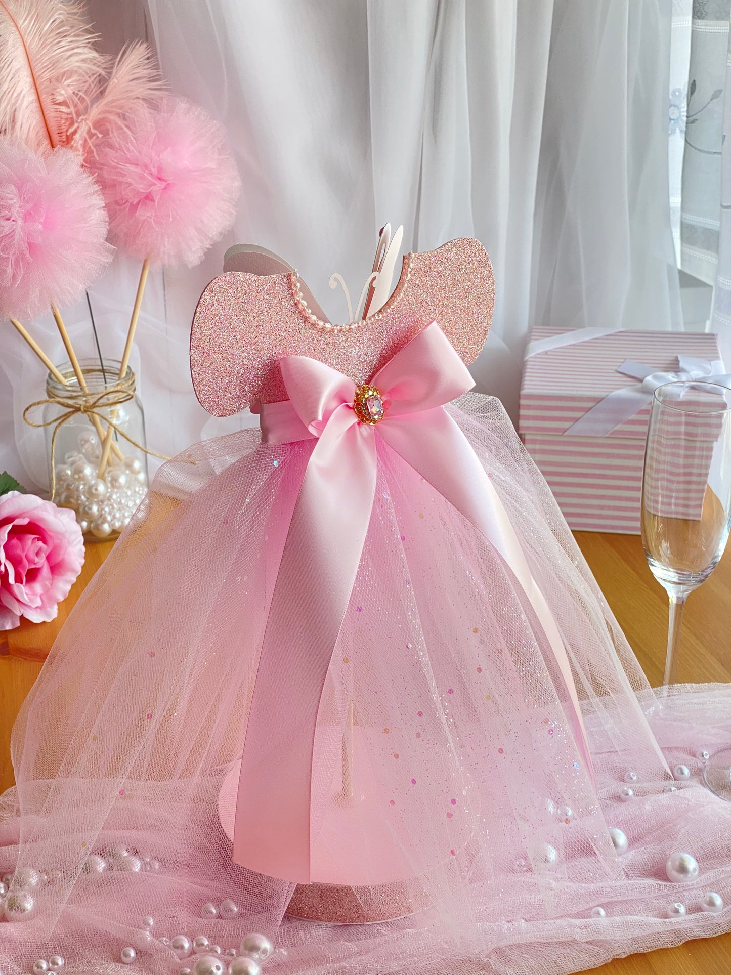 Pink Tutu Sparkles Butterfly Centerpiece 7”x14” tall