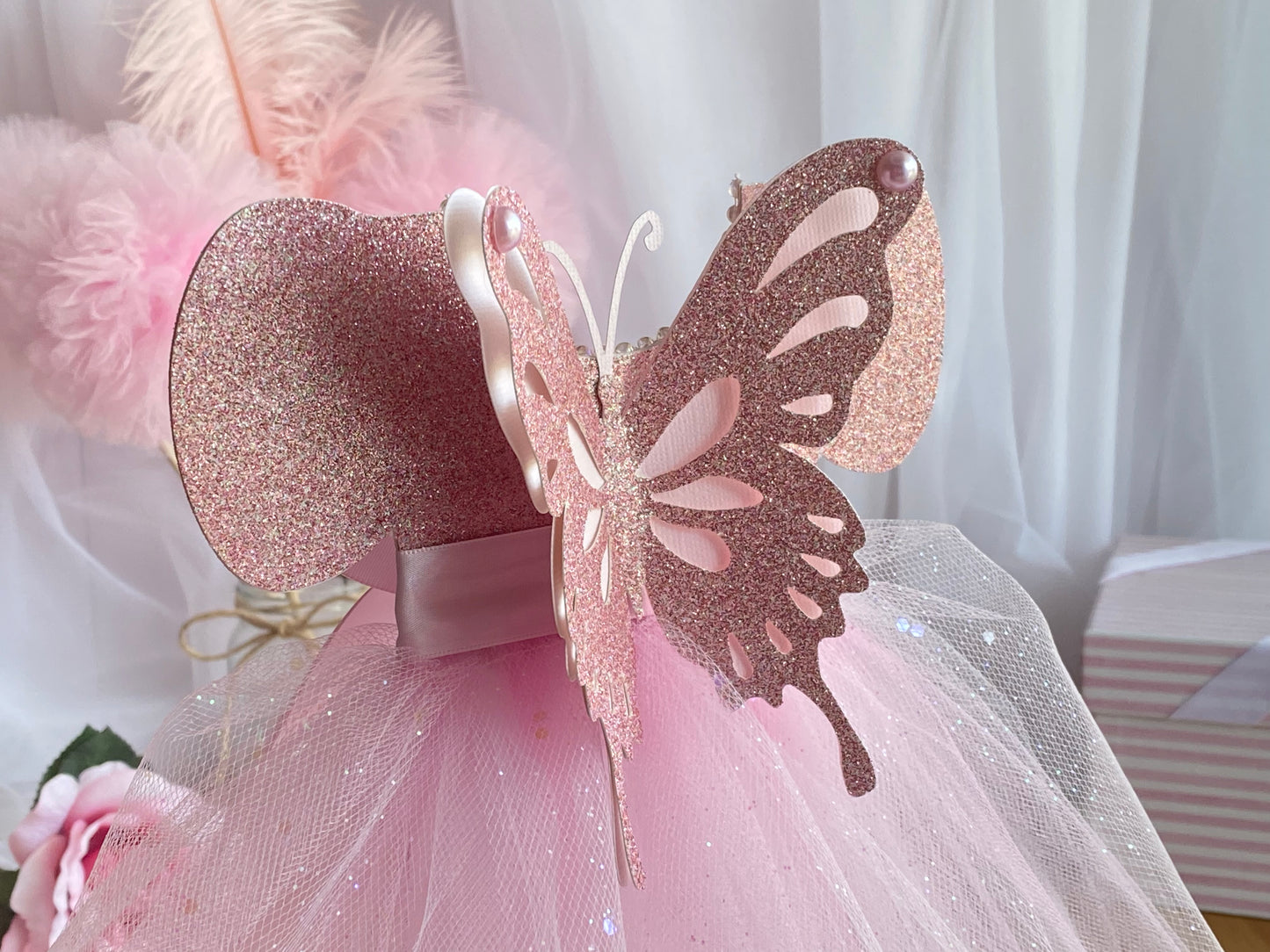Pink Tutu Sparkles Butterfly Centerpiece 7”x14” tall
