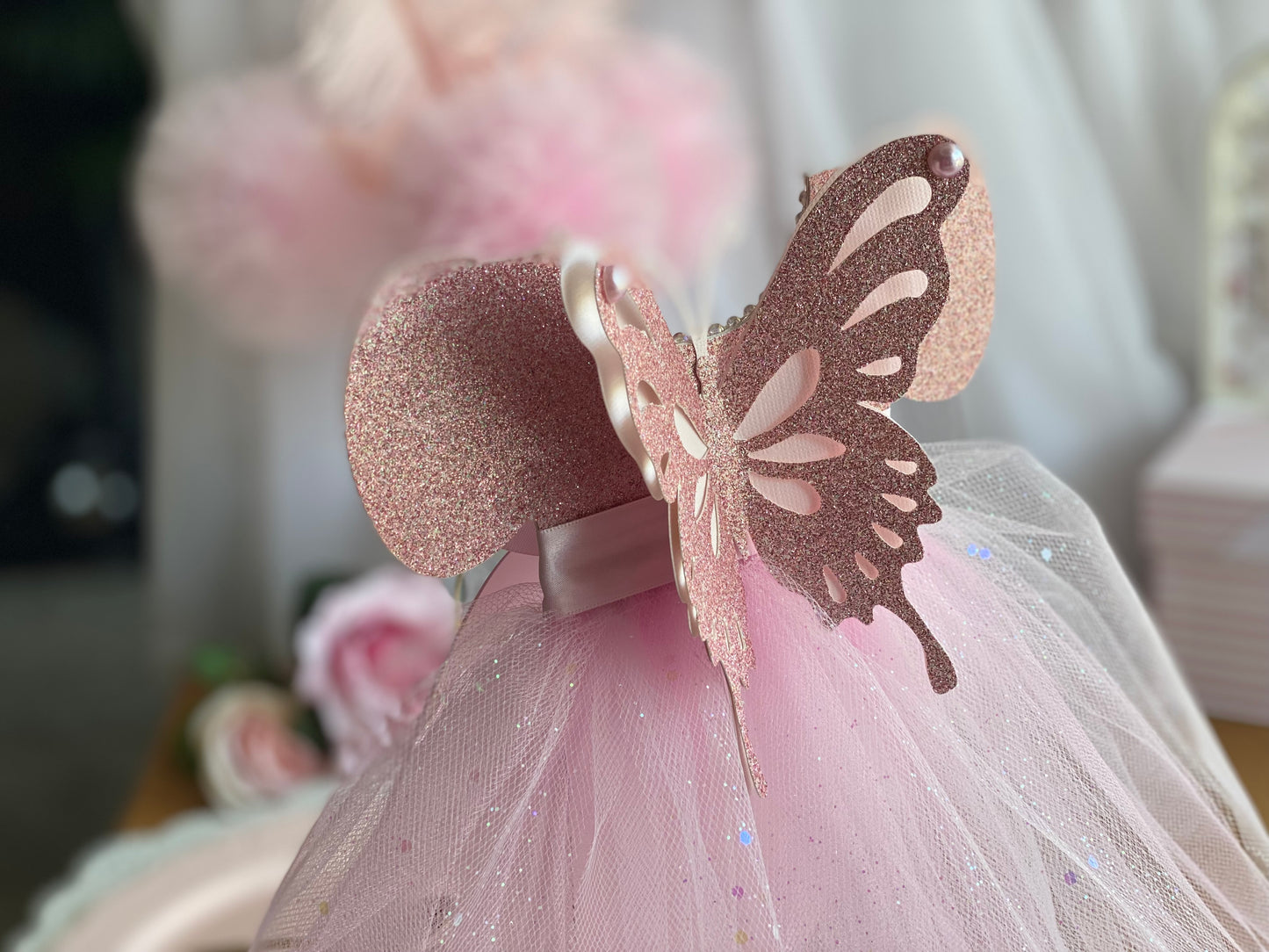 Pink Tutu Sparkles Butterfly Centerpiece 7”x14” tall