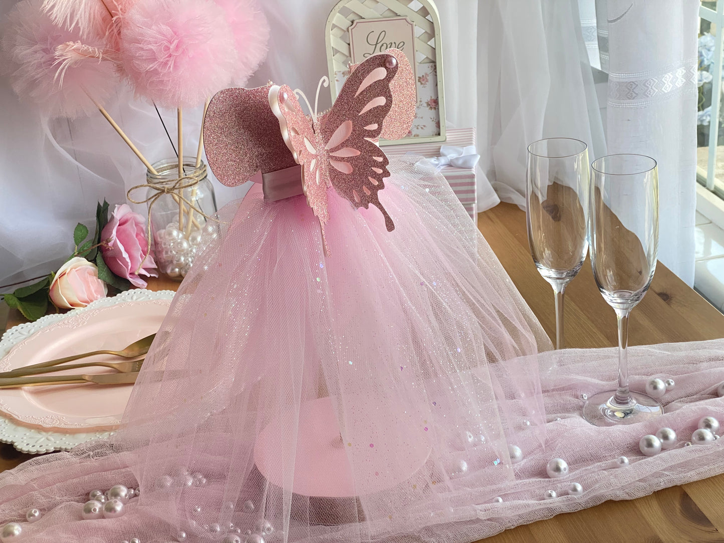 Pink Tutu Sparkles Butterfly Centerpiece 7”x14” tall
