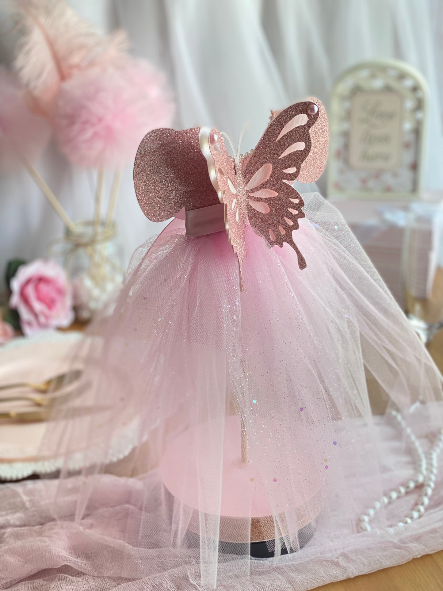 Pink Tutu Sparkles Butterfly Centerpiece 7”x14” tall