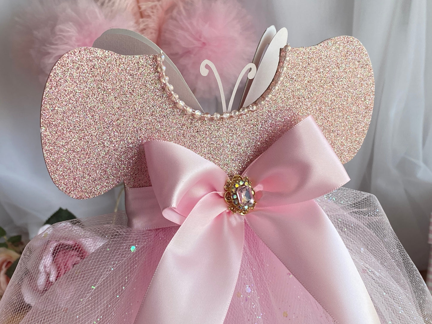Pink Tutu Sparkles Butterfly Centerpiece 7”x14” tall