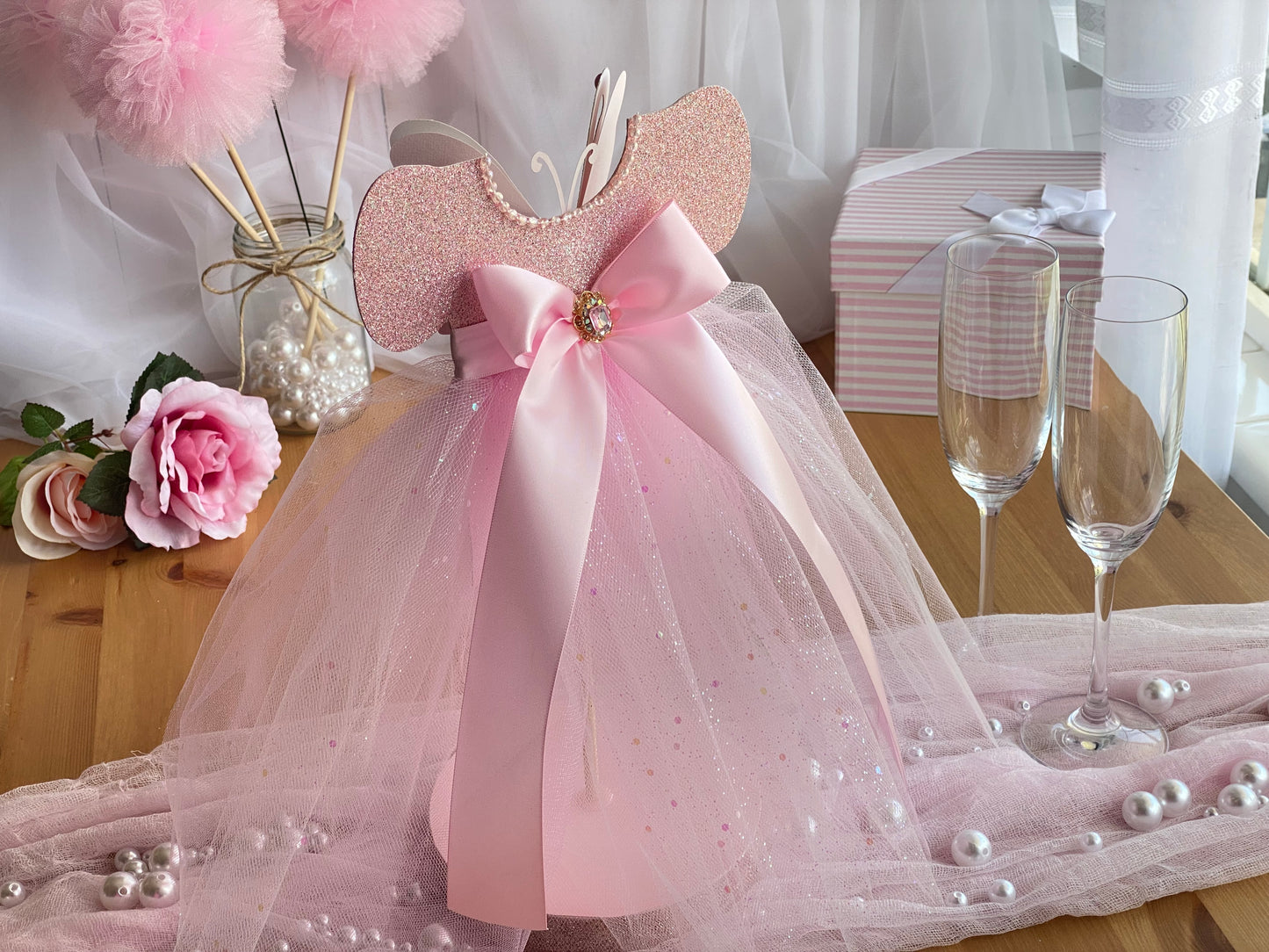 Pink Tutu Sparkles Butterfly Centerpiece 7”x14” tall
