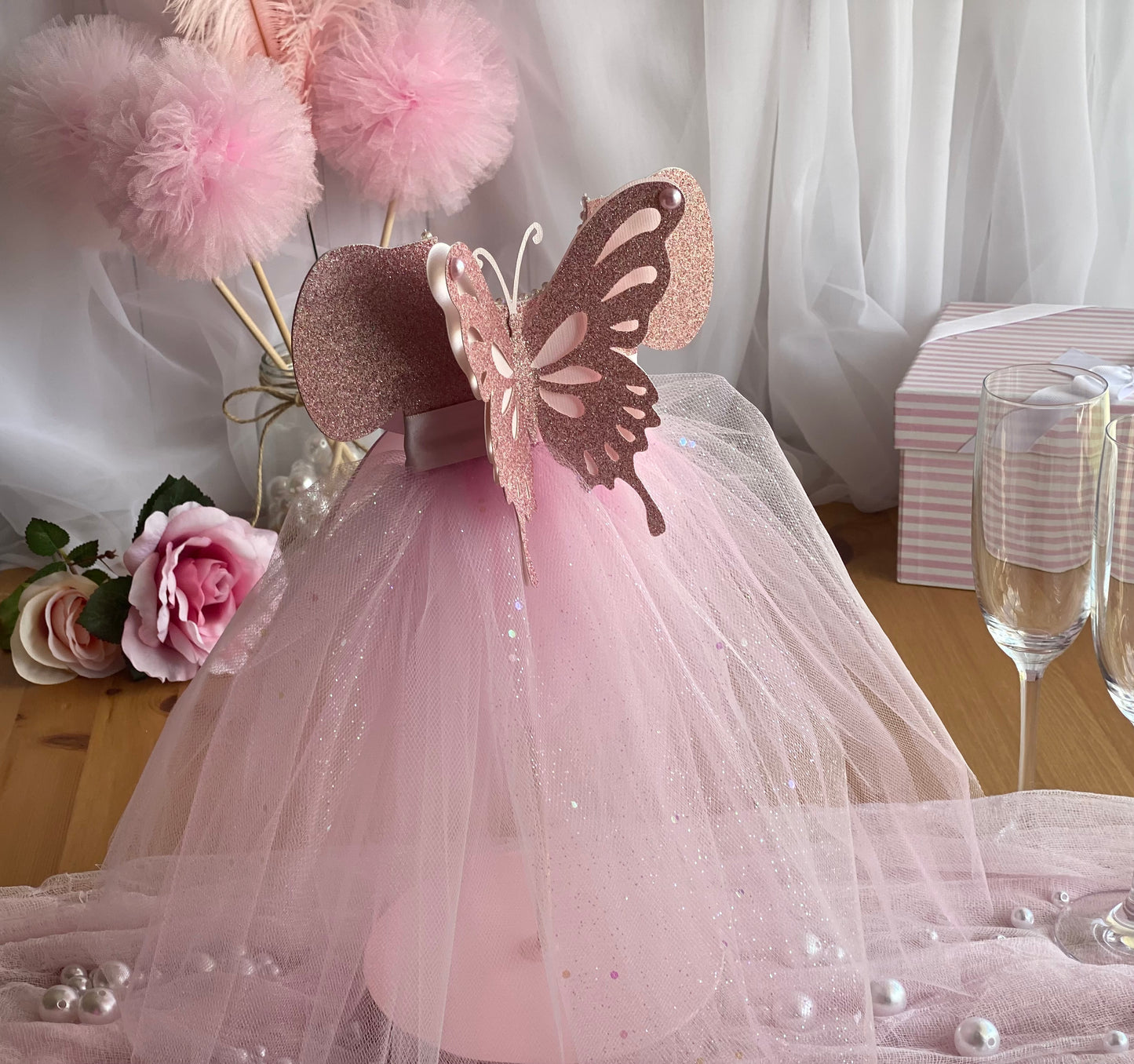 Pink Tutu Sparkles Butterfly Centerpiece 7”x14” tall