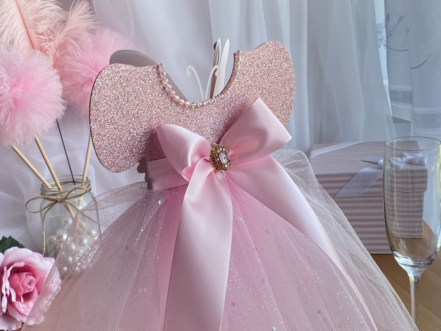 Pink Tutu Sparkles Butterfly Centerpiece 7”x14” tall