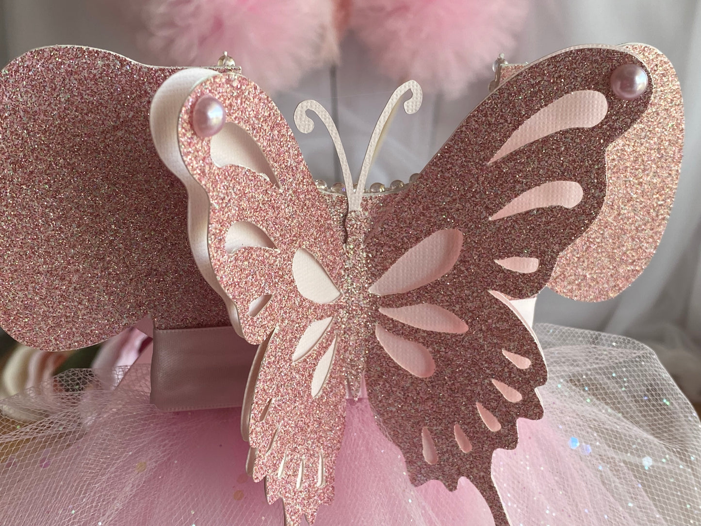 Pink Tutu Sparkles Butterfly Centerpiece 7”x14” tall