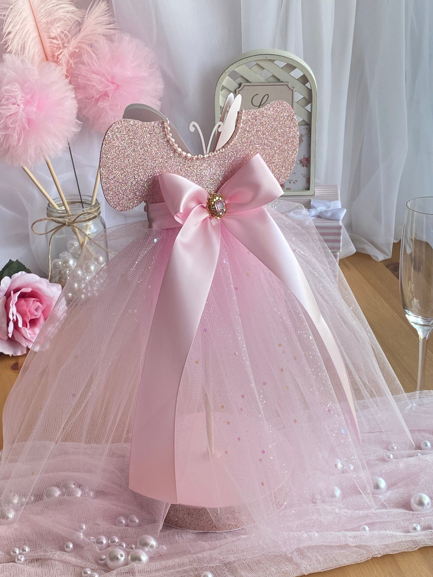 Pink Tutu Sparkles Butterfly Centerpiece 7”x14” tall